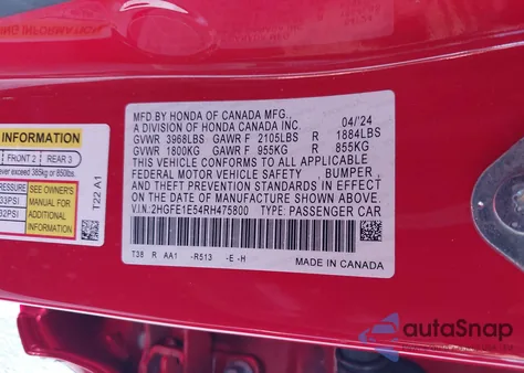 2024 Honda Civic Si from USA, damaged, VIN 2HGFE1E54RH475800